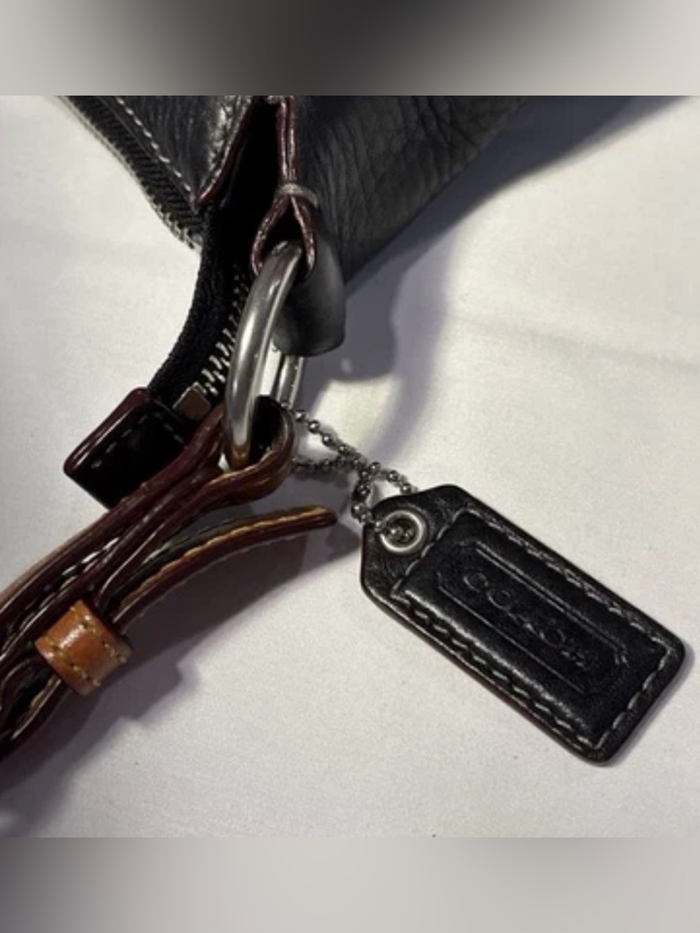 COACH Hobo Black Pebbled Leather Bag/Purse Brown shoulder Strap Zip Close - Picture 15 of 16